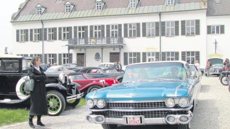Edle Karossen vor dem historischen Schloss auf Scherneck: Am 1. Mai gab es eine Menge von Raritäten und alten Autos zu bewundern. Im Vordergunrd ist ein so genannter „Ami-Schlitten“ zu sehen. 
