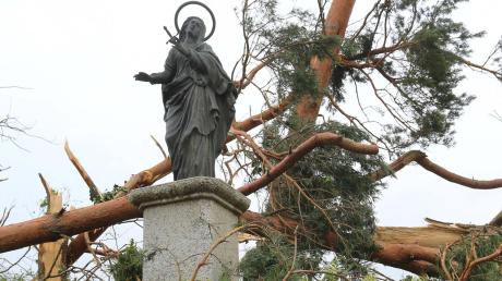 Wie ein Fels in der Brandung steht die Muttergottes inmitten von abgerissenen Bäumen neben der stark beschädigten Salzbergkapelle östlich des Affinger Ortsteils Anwalting. Die Statue wurde – wie durch ein Wunder – verschont. 