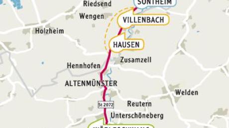 Die Zusamtal-Achse von Zusmarshausen nach Wertingen. Bisher gibt es nur Umfahrungen in Wörleschwang und in Roggden. 