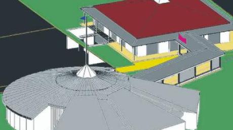 Der Plan zeigt, wie die neue Krippe von Langweid aussehen soll. Im Vordergrund der bestehende Kindergarten mit Zeltdach und Fahne. Auch die Krippe, im Hintergrund zu sehen (rotes Dach), bekommt Fahne und Zeltdach, allerdings wird der Bau quadratisch. 