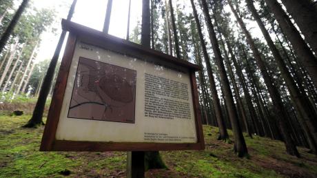 Auf großen Schautafeln im Wald wird die Geschichte der ehemaligen Burganlage auf dem Hügel Buschelberg bei Fischach erklärt.  
