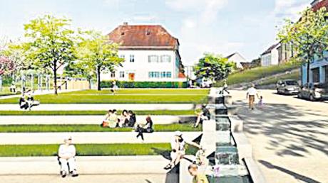 So könnte der Blick vom Rathaus Richtung Kirche in Zusmarshausen aussehen, mit vielen Sitzgelegenheiten und einem Kaskadenbrunnen. 