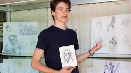 Comics und Mangazeichnungen des 15-jährigen Thomas Weigl aus Allmannshofen sind derzeit im Meitinger Rathaus zu sehen. 

