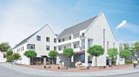 Das Modell für die Mehrfamilienhäuser auf dem früheren Puschak-Grundstück in Aystetten: In wenigen Wochen beginnen die Bauarbeiten. 	