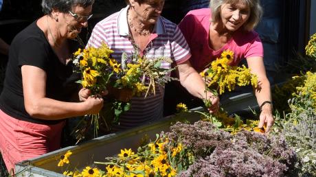 Rund 20 Frauen haben sich am Dinkelhof der Familie Müller in Dinkelscherben getroffen, um Kräuterbuschen zu binden. Dabei haben sie jede Menge Spaß.