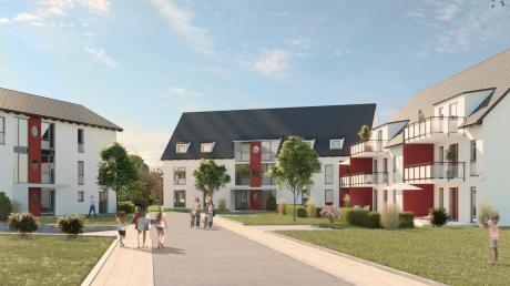 So sollen die Mehrfamilienhäuser in Horgauergreut einmal aussehen. Das Bild zeigt den zukünftigen Blick von der Greuter Straße Richtung Westen auf die Häuser 1 bis 3. (Animation)
