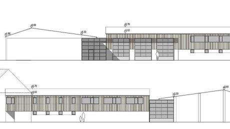 So sieht das neue Feuerwehrhaus in Kutzenhausen in der Planung aus. Die obere Skizze seigt (von rechts) das Feuerwehrhaus, den Zwischenbereich und die bestehende Lagerhalle.