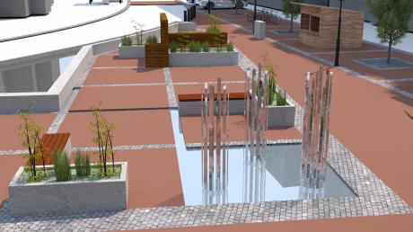 Die Stadt Neusäß will den Platz am Dreieck in Steppach neu gestalten. So sieht ein erster Vorentwurf mit Sitzgelegenheiten, Hochbeeten, einem Spielbrunnen mit Fontänen (im Vordergrund) und zusätzlichen Parkplätzen (hinten) aus. 