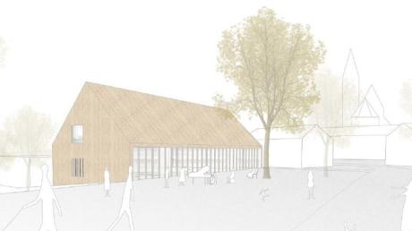 Dieses Konzept hat den Architekturwettbewerb in Bonstetten gewonnen. Der Architekt entwirft ein großes Gebäude aus Holz und Glas. 	