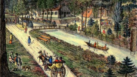 Die Ausflugswirtschaft auf dem Spickel um 1820. Zu Fuß oder mit der Kutsche kamen die Augsburger. Die Wirtschaft über dem noch unregulierten Lech stand aus Sicherheitsgründen auf einem Hügel. Auf dem Kanal lagen Boote zum „Wasservergnügen“ bereit. 	