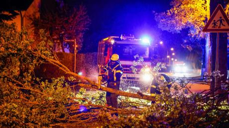 In Ober-, Mittel- und Unterfranken musste die Feuerwehr in der vergangenen Nacht viele Straßen von umgestürzten Bäumen befreien. Dieses Bild entstand bei Erlangen. 