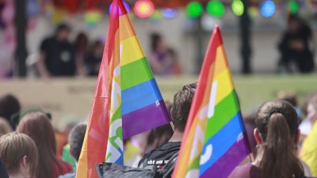 Demonstierende nehmen mit Regenbogenfahnen am Christoper Street Day teil.