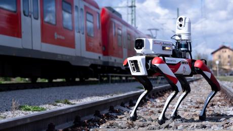 Der Roboter „Spot“ der Deutschen Bahn läuft bei einem Pressetermin zwischen abgestellten S-Bahnen entlang.
