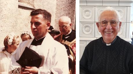 Jakob Zeitlmeir 1960 als neu geweihter Priester beim Einzug in die Anwaltinger Kirche und im Juni 2019.	