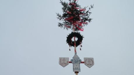 In Wehringen steht jetzt ein Narrenbaum: Er erinnert an den Fasching. Der Smiley auf dem Banner sagt es deutlich: Er vergießt eine Träne, weil der Wehringer Faschingsumzug abgesagt wird. 