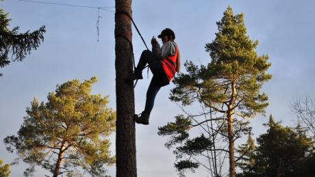 In viereinhalb Metern Höhe befestigen Aktivisten des Augsburger Klimacamps ein Banner im Stadtwald.