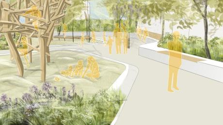 Holzklettergerüst und eine lange Betonbank: ein virtueller Vorgeschmack für den neuen Quartierspielplatz in Ichenhausen, der mit einem kleinen Stadtgarten das Zentrum aufwerten soll.﻿