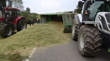 Auf der Staatsstraße 2022 zwischen Biberberg und Autenried ist am Freitagmorgen ein mit zwölf Tonnen Mais beladener Anhänger eines Traktorgespanns umgekippt. 