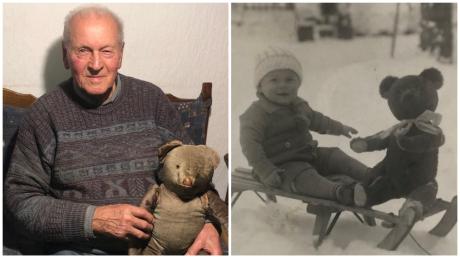 Hugo Mayerhofer heute (links) und damals: Das rechte Foto wurde vermutlich im Winter 1929/1930 aufgenommen. Es zeigt ihn als Kind mit dem damals neuen Teddybären.