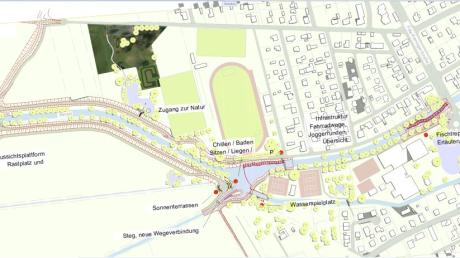Stadtbaumeister Stephan Martens-Weh hat eingezeichnet, welche Freizeitmöglichkeiten in Thannhausen entstehen können. Die geplante Pumptrack-Anlage ist als dunkelgrüne Fläche erkennbar mit zwei Rundkursen.