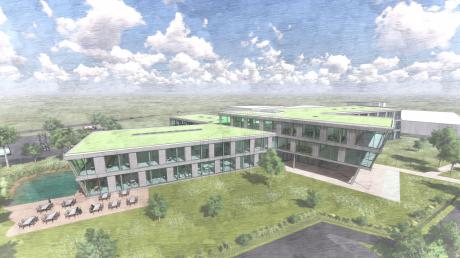 So soll die neue Geda-Firmenzentrale in Bäumenheim aussehen. Mitte 2024 will das Unternehmen dort einziehen. Jetzt war Spatenstich. 