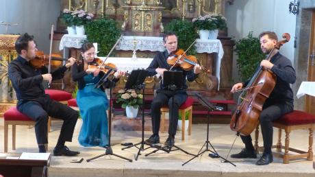 Das Casal-Quartett mit Felix Froschhammer (1. Violine), Rachel Späth (2. Violine), Markus Fleck (Viola) und Sebastian Braun (Cello) in der Amerdinger Kirche.