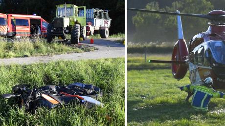 Schwer verletzt wurden ein 16-jähriger Fahrer eines Leichtkraftrades und sein 17-jähriger Sozius nach einem Verkehrsunfall mit einem landwirtschaftlichen Gespann zwischen Goldbach und Jettingen-Scheppach. Der 17-jährige Sozius wurde mit dem Rettungshubschrauber in die Uniklinik nach Augsburg geflogen. Der 16-jährige Motorradfahrer kam mit dem Krankenwagen in die Uniklinik nach Ulm. 
