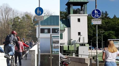 Am Augsburger Hochablass haben Unbekannte neben dem Gehweg-Schild auch den Hinweis "Radfahrer absteigen" überklebt. Die Stadt hat Anzeige erstattet.