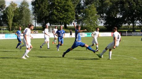 Thomas Rupprecht (blaues Trikot) und seine Kollegen von der SpVgg Langerringen haben im Spitzenspiel gegen den FC Königsbrunn die Chance, sich an die Spitze zu setzen.