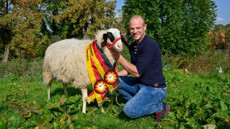 Schönstes Schaf Deutschlands Stephan Kreuzer mit Brillenschaf Marla. Sie ist die Bundesgesamtsiegerin geworden.