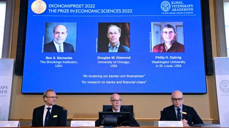 Der Nobelpreis für Wirtschaftswissenschaften geht in diesem Jahr an die drei US-Ökonomen Ben Bernanke (Monitor, von links nach rechts), Douglas Diamond und Philip Dybvig.