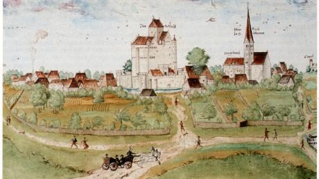 Die Fugger verliehen dem heruntergekommenen Schmiechener Schloss mit viel Geld neuen Glanz. Wie es danach aussah, zeigt diese Abbildung aus dem Fuggerischen Ehrenspiegel aus dem Jahr 1555.
