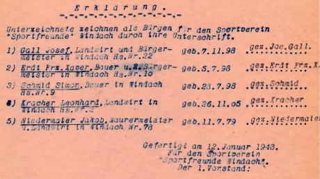 Mit dieser Erklärung bürgten fünf Männer aus Windach 1948 für die politische Unbedenklichkeit der Mitglieder des wiedergegründeten Vereins der Sportfreunde Windach.