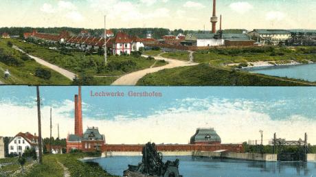 1918 versandte Postkarte von den Lechwerken Gersthofen und den benachbarten Farbwerken.