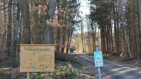 An der Straße zwischen den Oberschönegger Ortsteilen Dietershofen und Märxle weist eine Hinweistafel auf den seit 30 Jahren bestehenden Walderlebnispfad hin.