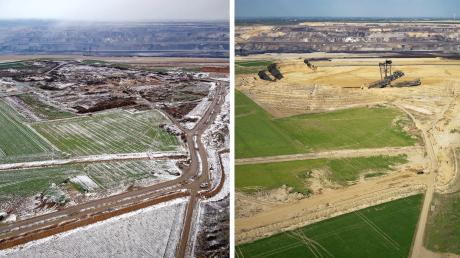 Zwei Drohnenbilder zeigen den Standort des ehemaligen Weilers Lützerath am 19. Januar (links) und am 17. April. Der größte Teil des Ortsgebietes ist bereits abgebaggert worden.