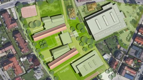 So könnten Grund- und Mittelschule in Lauingen zukünftig aussehen: Ein Planer empfiehlt, den Verbindungsbau abzureißen und an dieser Stelle zwei neue Anbauten zu errichten.