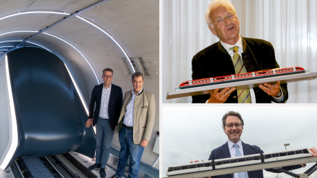 Markus Blume und Markus Söder bei der Eröffnung der Hyperloop-Teststrecke (links). Edmund Stoiber mit einem Transrapid-Modell (rechts oben) und Andreas Scheuer mit dem Modell einer Magnetschwebebahn (rechts unten).