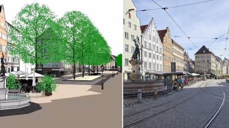 Die Alt-Augsburg-Gesellschaft wirbt für mehr Bäume in der Maximilianstraße – so könnte sich der Anblick dann einem Entwurf zufolge verändern.