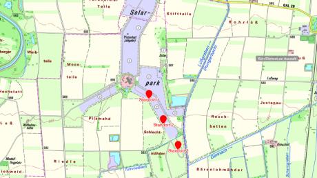 An diesen rot markierten Punkten könnten Windkraft-Standorte innerhalb des ehemaligen Wertach-Sender-Areals  ausgewiesen werden. Amberg Bürgermeister Peter Kneipp stellte diese Pläne bei der Bürgerversammlung vor. 