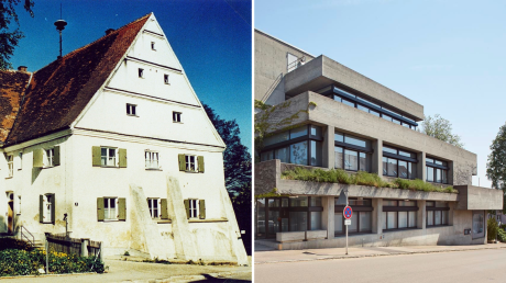 Wo früher in Wertingen das Bräuhaus (links) stand, steht heute das Gebäude der Genossenschaftsbank (rechts). Im Bildband "Wertingen im Wandel" werden viele solcher Fotos im Vergleich zu sehen sein.