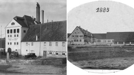 Links liegt die Brauereiwirtschaft mit Mälzerei von Johann Dürrwanger um 1930. Im Hof stehen motorisierte und pferdebespannte Bierfuhrwerke. Die Sternwirtschaft rechts hatte sogar eine Kegelbahn.
