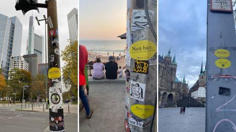 Die Sticker der Aktion "Nett hier. Aber waren Sie schon mal in Wertingen?" haben es schon an viele Orte geschafft – zum Beispiel nach Frankfurt am Main, auf Bali und nach Erfurt (von links).