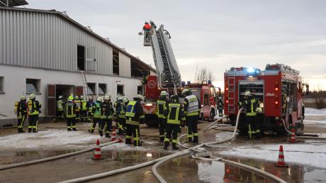 Mit einem Großaufgebot hat die Feuerwehr am Montagmorgen einen Brand in einem Schweinemastbetrieb in Schönebürg, einem Ortsteil von Schwendi, gelöscht.  