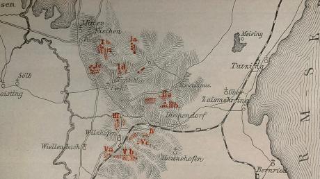 Diese Karte zeigt die Standorte der im 19. Jahrhundert von Julius Naue aufgegrabenen keltischen Hügelgräber im Raum Pähl.