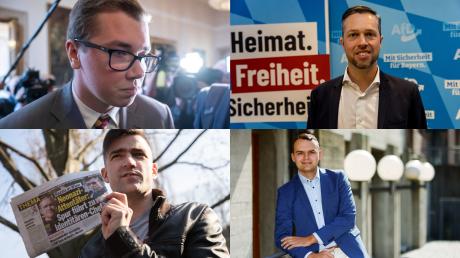 Sie gelten als Teile rechtsextremer Netzwerke: Die AfD-Politiker Daniel Halemba, Christoph Maier, Franz Schmid und der Aktivist Martin Sellner. (von links oben im Uhrzeigersinn)