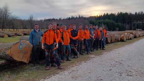 Das Team des Forstbetriebs Kaisheim mit Auszubildenden bei der Besichtigung der Wertholzversteigerung in Bopfingen.