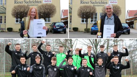 Freuen sich über ihre Pokale: Sportlerin des Jahres Caroline Sens, Sportler des Jahres Hans Niederhuber und die Fußball-A-Jugend (Jahrgang 2005) des TSV Nördlingen.