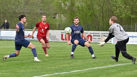 Der Offinger Philipp Schönberger und zwei Verteidiger des TSV Ziemetshausen schauen dem Ball hinterher, der letztlich in den Händen von Gäste-Torwart Niklas Rößle landet.