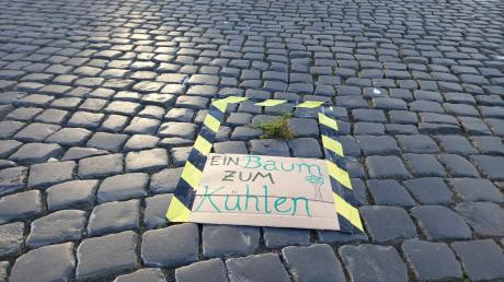 Aktivisten des Klimacamps haben auf dem Rathausplatz und in der Fußgängerzone mehrere Baumsetzlinge ins Pflaster gesetzt, um ein Zeichen für die notwendige Begrünung der Innenstadt zu setzen.
